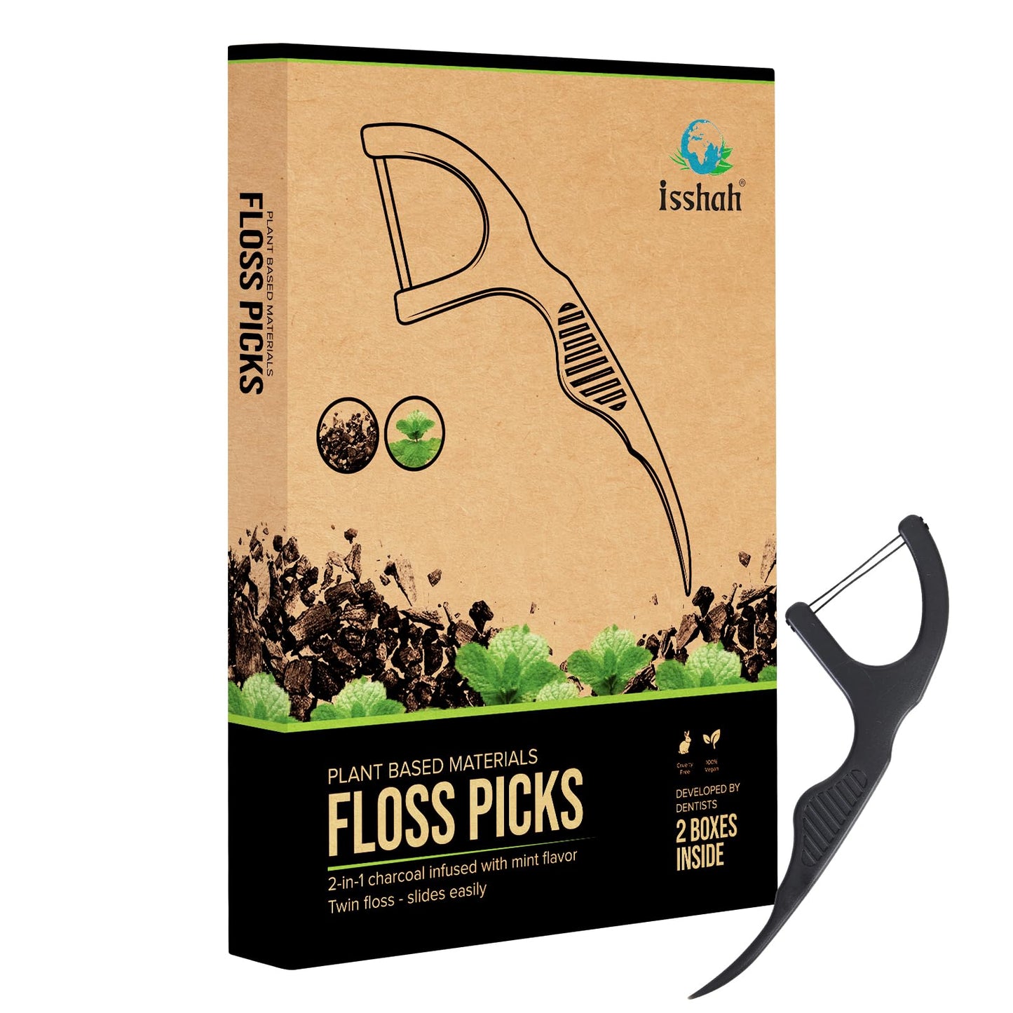 Natural Dental Floss Picks (100 Count) - Vegan, Eco Friendly, Sustainable Dental Flossers - Twin Floss (Charcoal)