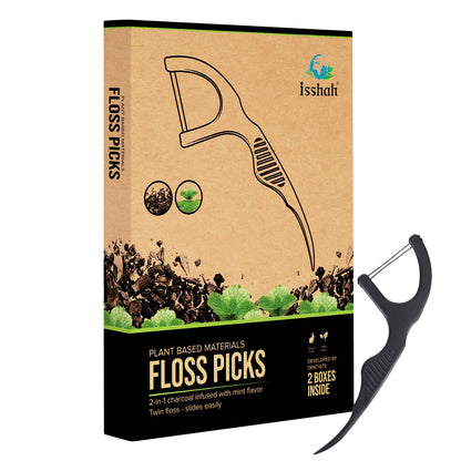 Natural Dental Floss Picks (100 Count) - Vegan, Eco Friendly, Sustainable Dental Flossers - Twin Floss (Charcoal)