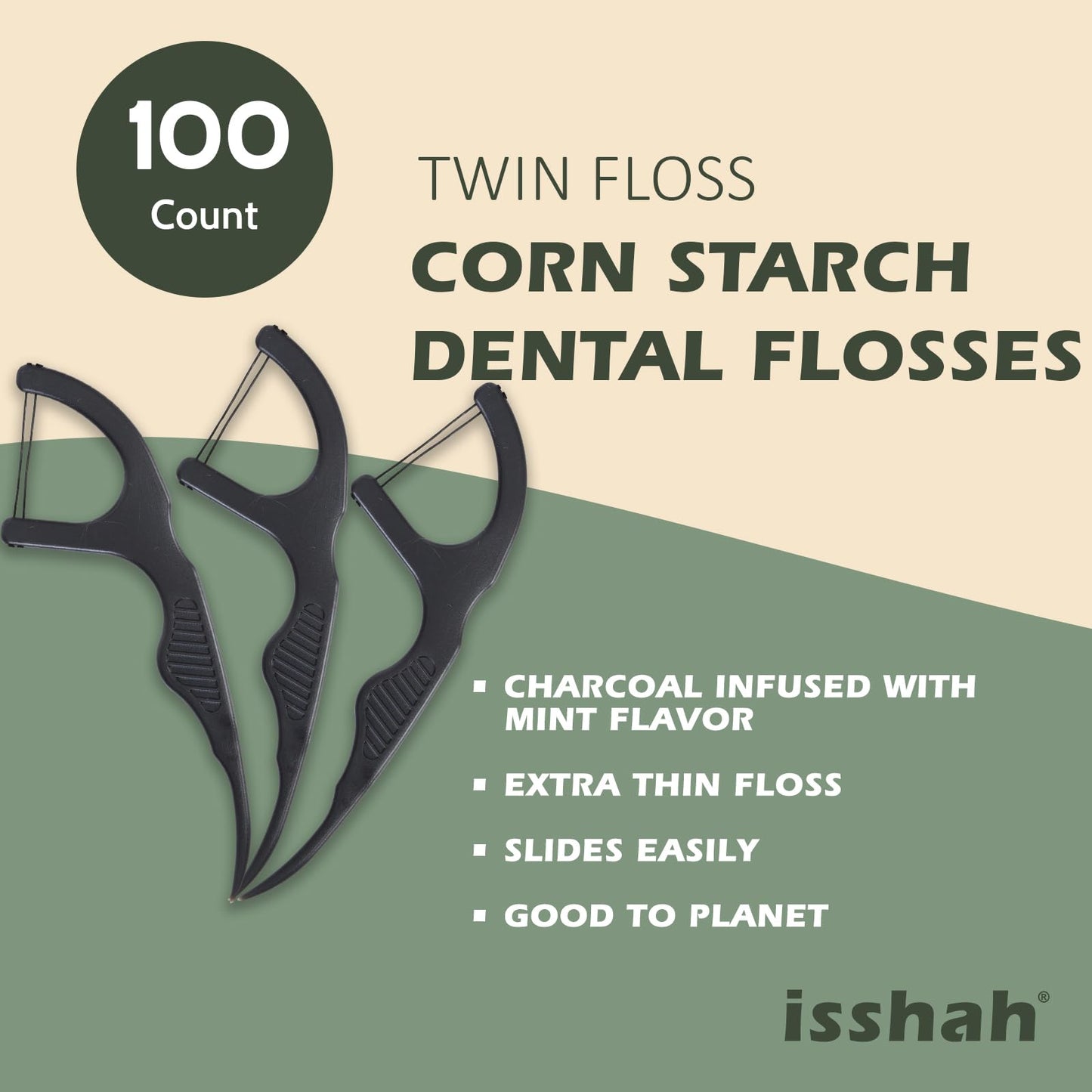 Natural Dental Floss Picks (100 Count) - Vegan, Eco Friendly, Sustainable Dental Flossers - Twin Floss (Charcoal)