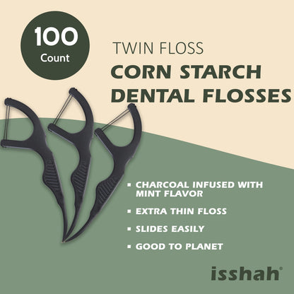 Natural Dental Floss Picks (100 Count) - Vegan, Eco Friendly, Sustainable Dental Flossers - Twin Floss (Charcoal)