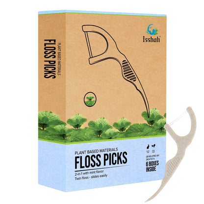 Natural Dental Floss Picks (300 Count) – Kraft Paper Box, Plant-Based, Vegan Mint Twin Floss