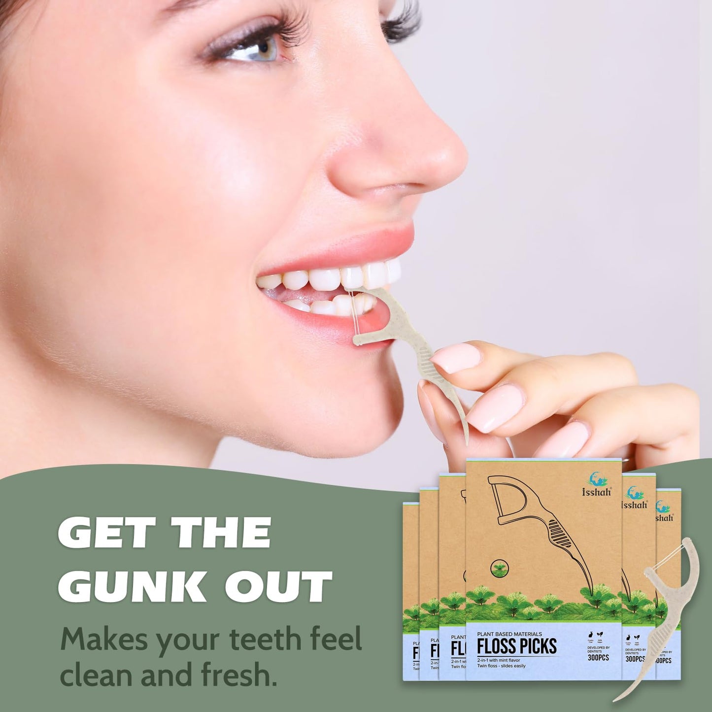 Natural Dental Floss Picks (300 Count) – Kraft Paper Box, Plant-Based, Vegan Mint Twin Floss