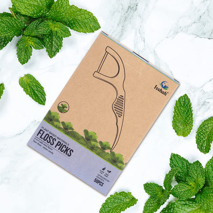 Natural Dental Floss Picks (300 Count) – Kraft Paper Box, Plant-Based, Vegan Mint Twin Floss