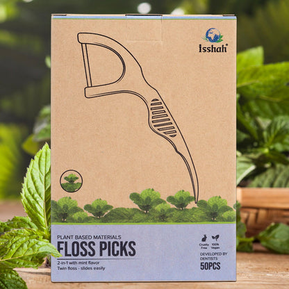 Natural Dental Floss Picks (300 Count) – Kraft Paper Box, Plant-Based, Vegan Mint Twin Floss
