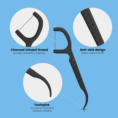 Natural Dental Floss Picks - High-Toughness Bamboo Charcoal (200 Count) - Vegan, Eco-Friendly