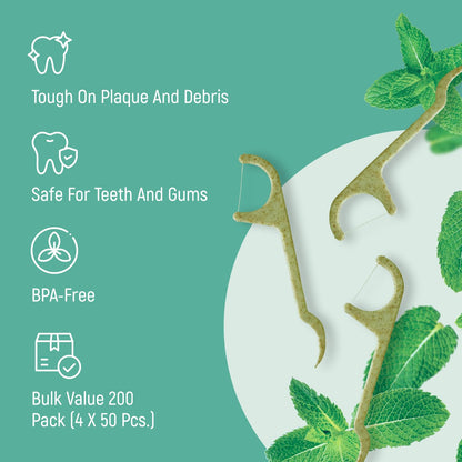Natural Dental Floss Picks - Eco Friendly, Cruelty-Free, Vegan | 200-Pack Mint
