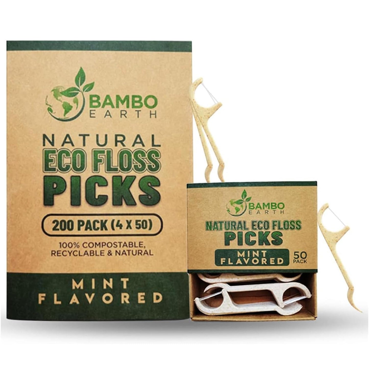 Natural Dental Floss Picks - Eco Friendly, Cruelty-Free, Vegan | 200-Pack Mint