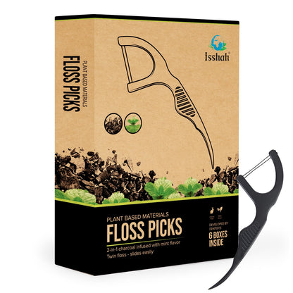 Natural Dental Floss Picks (300 Count) – Kraft Box, Plant-Based, Vegan, Charcoal Twin Floss