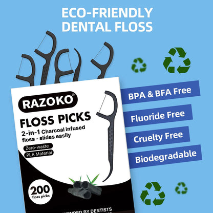 Natural Dental Floss Picks - High-Toughness Bamboo Charcoal (200 Count) - Vegan, Eco-Friendly