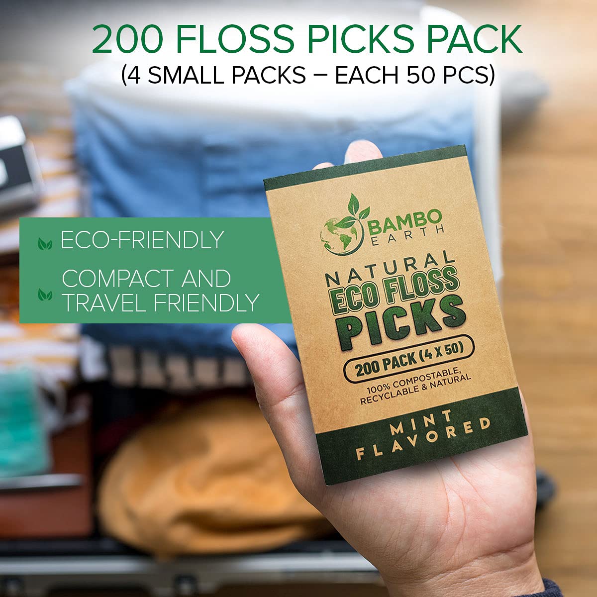 Natural Dental Floss Picks - Eco Friendly, Cruelty-Free, Vegan | 200-Pack Mint