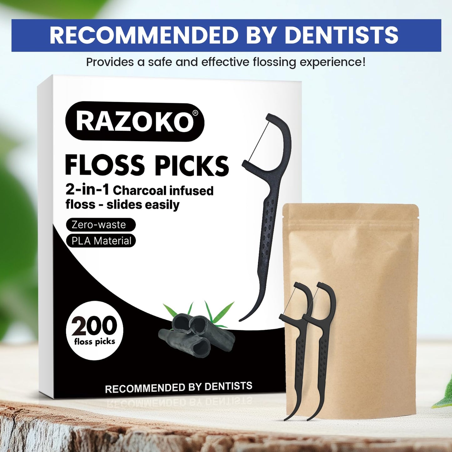 Natural Dental Floss Picks - High-Toughness Bamboo Charcoal (200 Count) - Vegan, Eco-Friendly