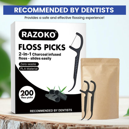 Natural Dental Floss Picks - High-Toughness Bamboo Charcoal (200 Count) - Vegan, Eco-Friendly