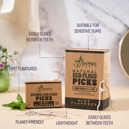 Natural Dental Floss Picks - Eco Friendly, Cruelty-Free, Vegan | 200-Pack Mint