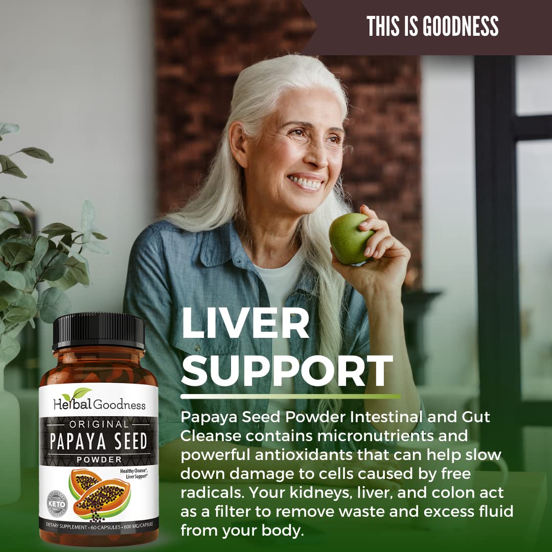 Herbal Goodness Papaya Seeds Powder Capsules – 600mg x 60, Organic Papain Enzymes for Digestion