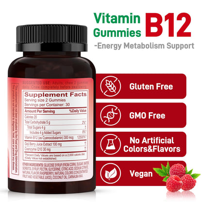 Natural Energy Gummies with Vitamin B12, Goji & CoQ10 – Raspberry, 120 Count (GMO Free, Gluten Free)