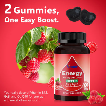 Natural Energy Gummies with Vitamin B12, Goji & CoQ10 – Raspberry, 120 Count (GMO Free, Gluten Free)
