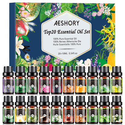 Natural Essential Oils Gift Set - 20 x 10ml for Diffuser, Massage & DIY Fragrance