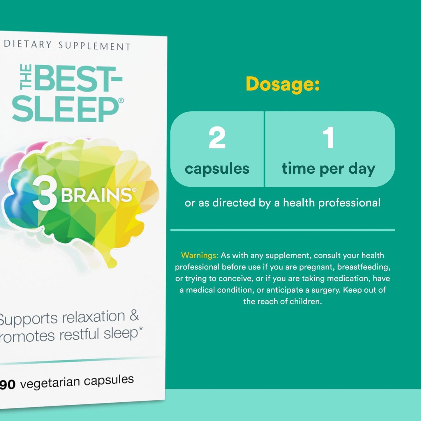 Natural Factors 3 Brains – Best Sleep Support, Relaxation & Restful Sleep – Vegan, 90 Capsules