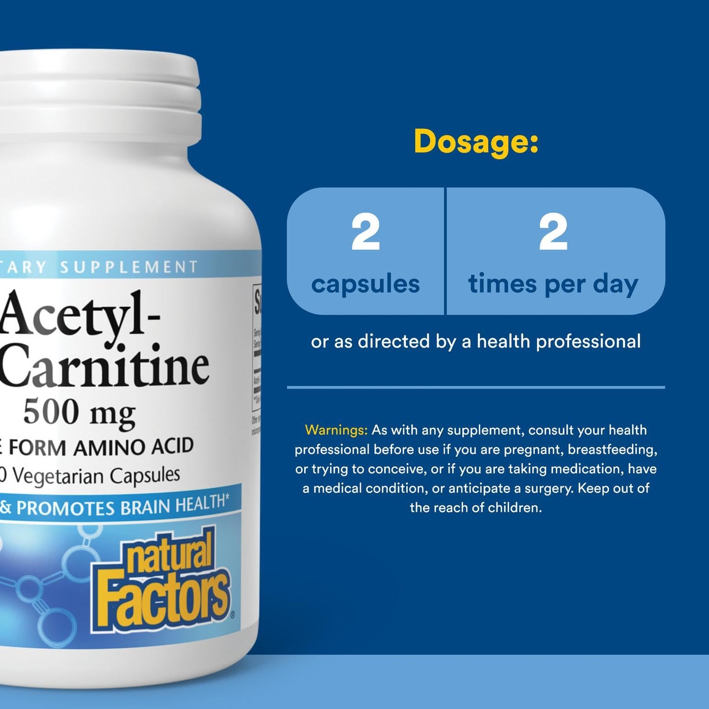 Natural Factors Acetyl-L-Carnitine 500 mg | Memory & Brain Function | 120 Capsules (60 Servings)