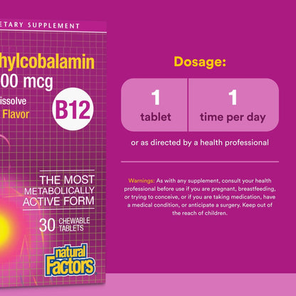 Natural Factors B12 Methylcobalamin 10,000 mcg Cherry – 30 Chewable Tablets