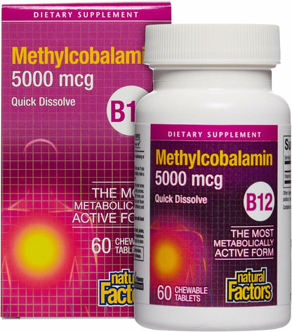 Natural Factors Vitamin B12 Methylcobalamin 5000 mcg – Chewable, Energy & Immune Support (60 tabs)