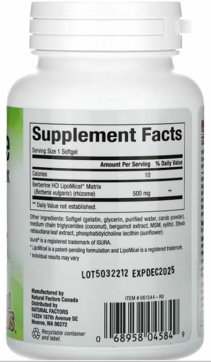 Natural Factors Berberine LipoMicel Matrix – 500 mg per Capsule, 60 Liquid Softgels