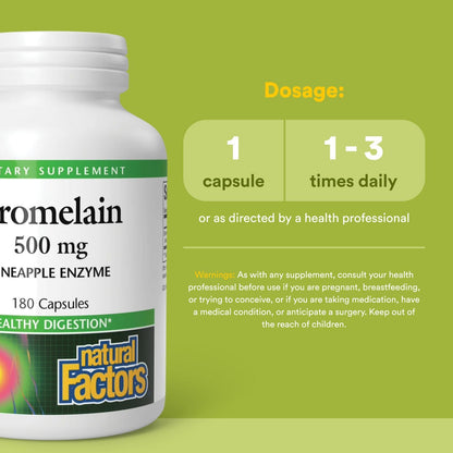 Natural Factors Bromelain 500 mg – Enzyme Support for Digestive Health, 180 Capsules