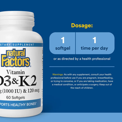 Natural Factors Vitamin D3 + K2 1000 IU / 120 mcg – Bone & Vascular Health – 60 Softgels