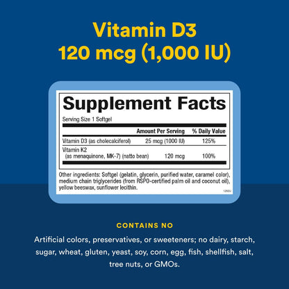 Natural Factors Vitamin D3 + K2 1000 IU / 120 mcg – Bone & Vascular Health – 60 Softgels