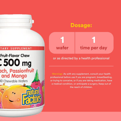 Natural Factors Kids Chewable Vitamin C 500 mg | Supports Immune Health, Bones & Gums – Peach, Passionfruit & Mango (180 Wafers)