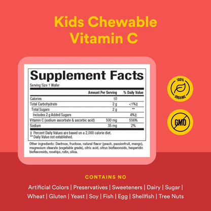 Natural Factors Kids Chewable Vitamin C 500 mg | Supports Immune Health, Bones & Gums – Peach, Passionfruit & Mango (180 Wafers)
