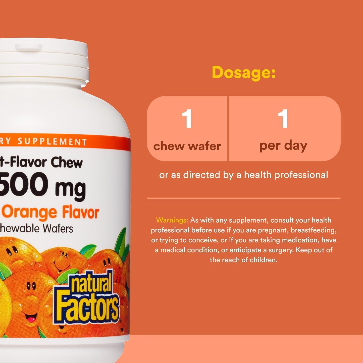 Natural Factors Kids Chewable Vitamin C 500 mg – Immune Support, Tangy Orange (180 Count)