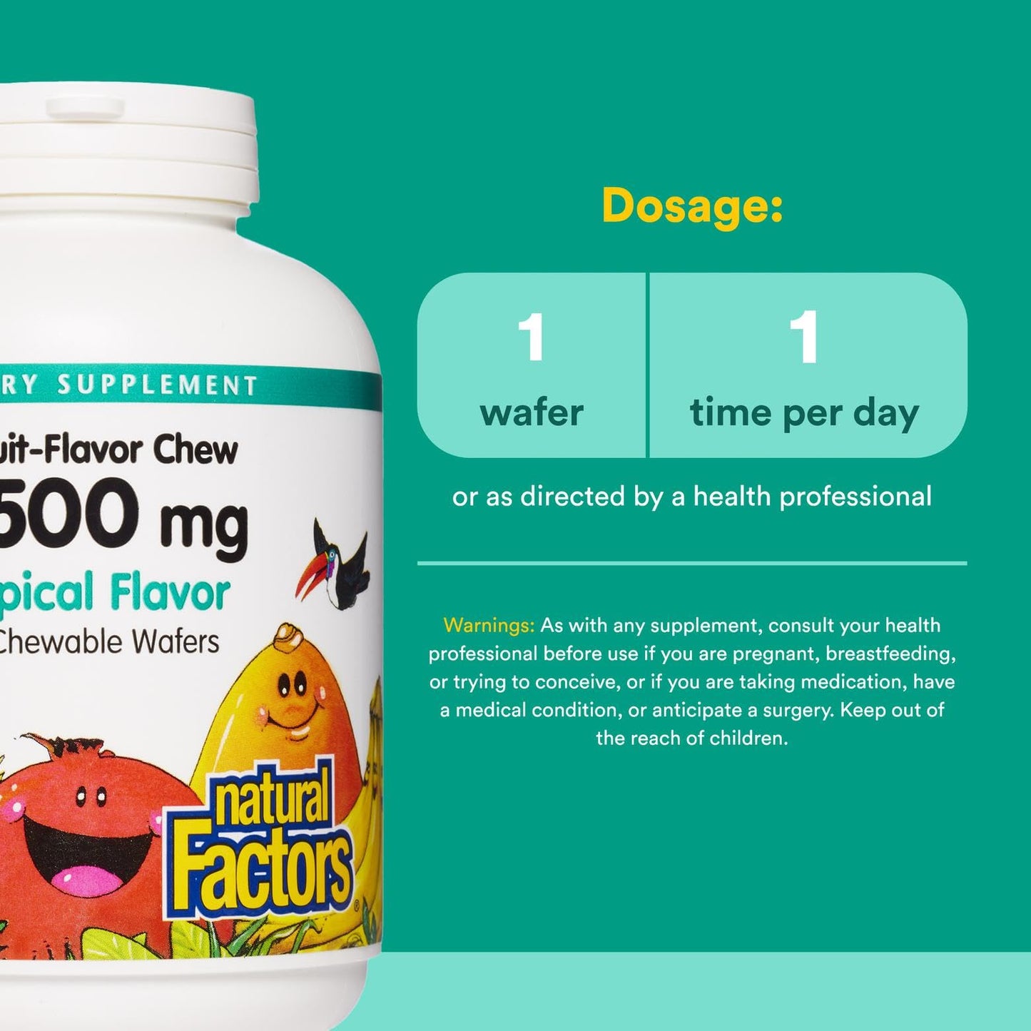 Natural Factors Kids Vitamin C 500 mg - Immune & Bone Health, Tropical, 180 Count
