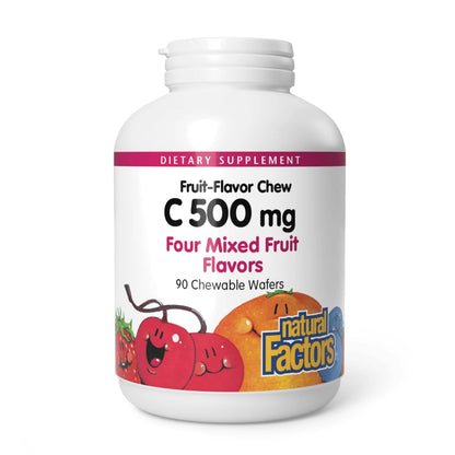 Natural Factors Kids Vitamin C 500 mg – Immune Support, 90 Wafers (Mixed Fruit)