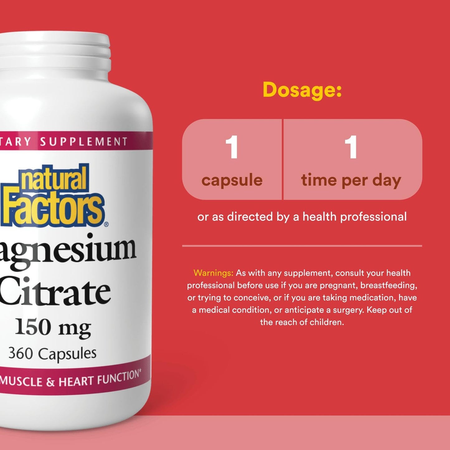 Natural Factors, Magnesium Citrate 150 mg, Muscle and Heart Health Formula, 360 Capsules