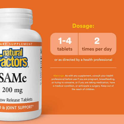 Natural Factors SAMe 200mg - Joint & Mood Support, 30 Enteric Coated Tablets