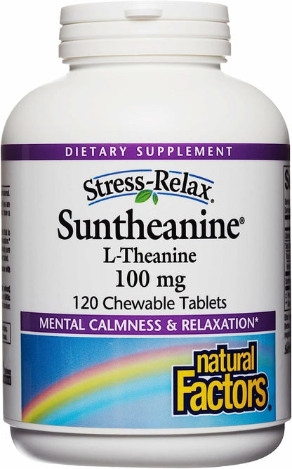 Natural Factors Suntheanine L-Theanine 100 mg – Calm Outlook & Sleep Support | 120 Chewable Tablets (60 Servings)