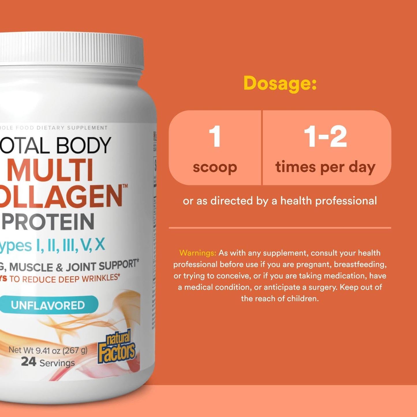 Natural Factors Total Body Multi Collagen Protein – 5-Collagen Blend (Unflavored, 9.41 oz)