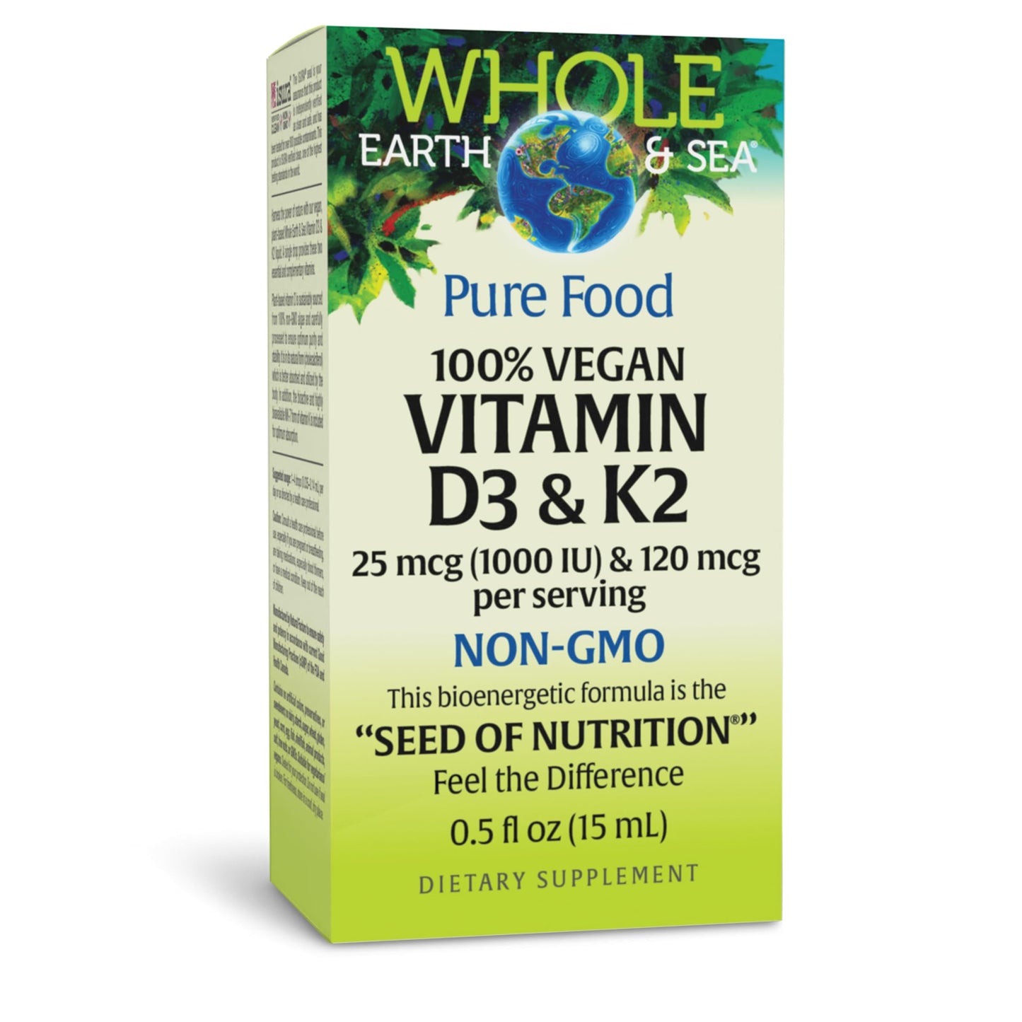 Natural Factors Whole Earth & SEA 100% Vegan Vitamin D3 & K2 25 MCG/120 MCG, 60 Vegetarian Capsules