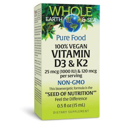 Natural Factors Whole Earth & SEA 100% Vegan Vitamin D3 & K2 25 MCG/120 MCG, 60 Vegetarian Capsules