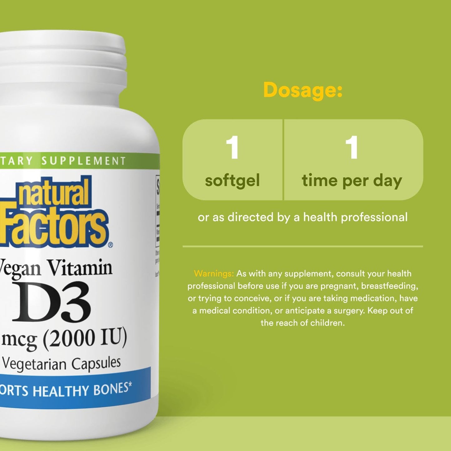 Natural Factors Vegan Vitamin D3 2000 IU – Bone & Immune Health – 90 Capsules