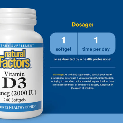 Natural Factors Vitamin D3 2000 IU - Supports Healthy Bones (240 Soft Gels)