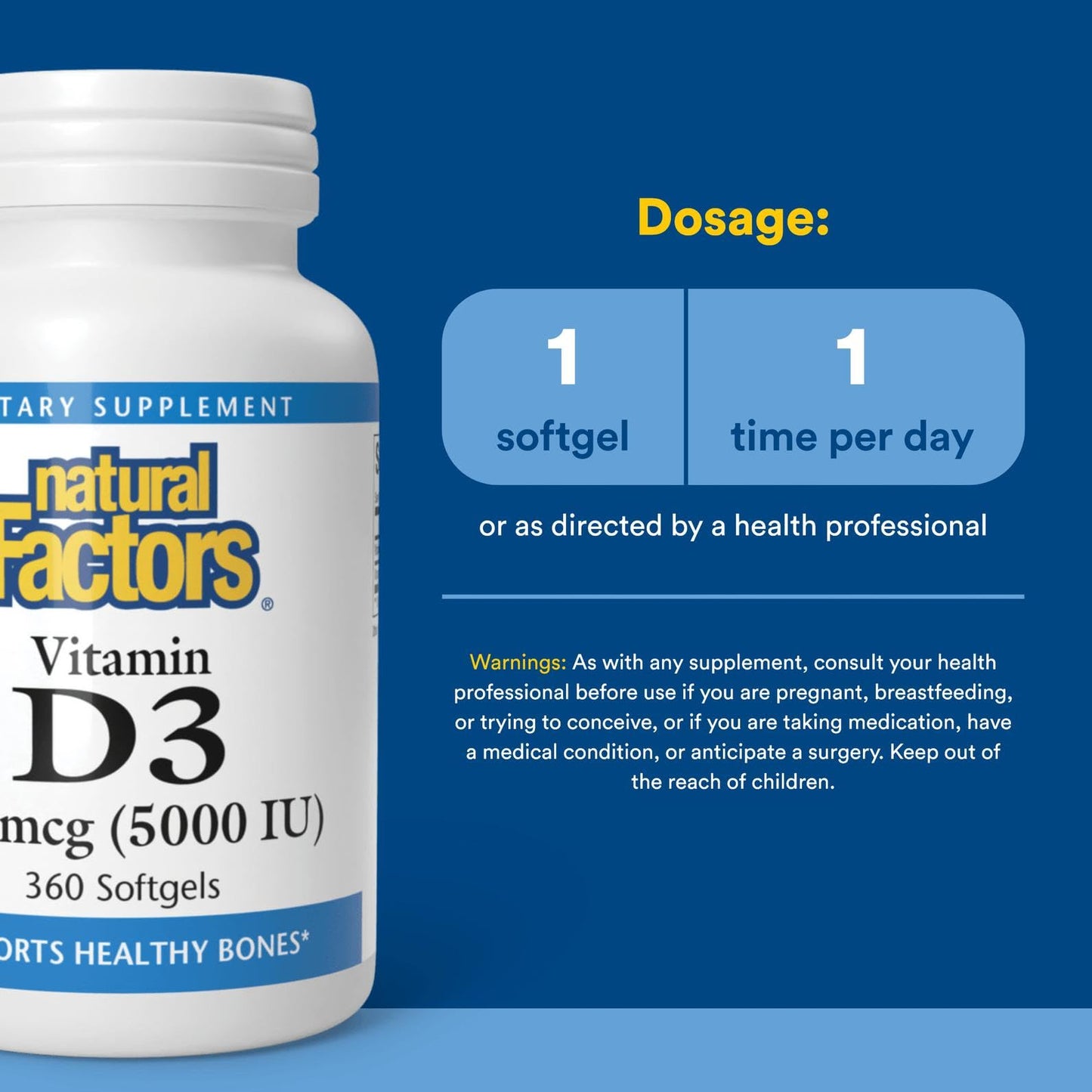 Natural Factors Vitamin D3 5000 IU (125 mcg) – 360 Softgels – Supports Bones, Muscles & Immune Function
