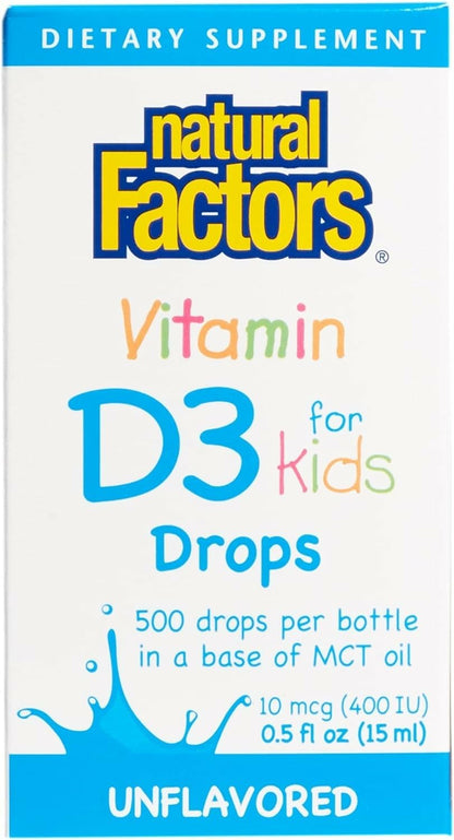 Natural Factors Vitamin D3 Drops 400 IU (10 mcg) for Kids - Supports Strong Bones & Immune Function