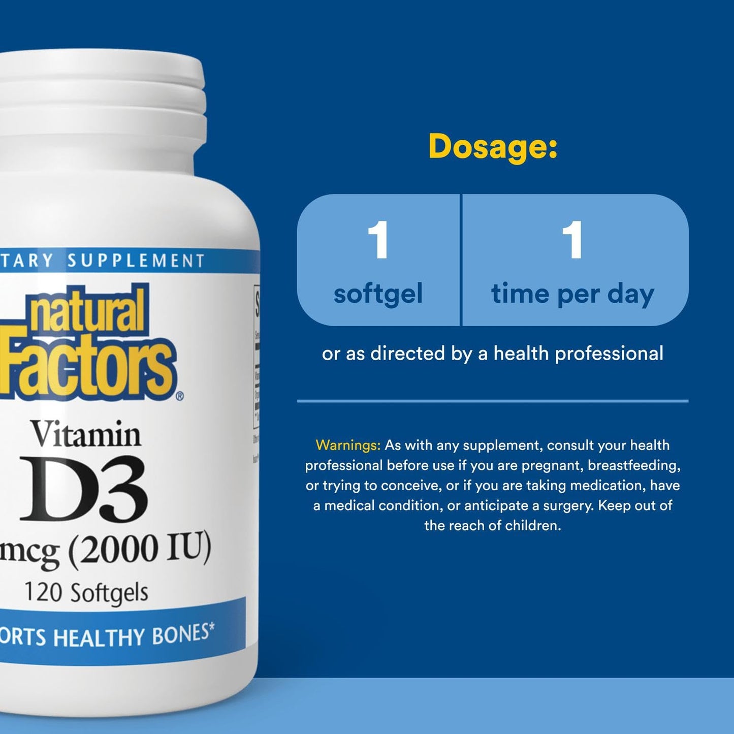 Natural Factors Vitamin D3 2000 IU (50 mcg) | Supports Bones, Muscles & Immunity | 120 Softgels