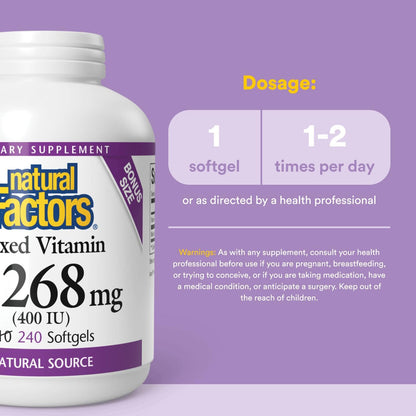 Natural Factors Vitamin E 400 IU Softgels – Antioxidant Support & Heart Health | 240 Softgels