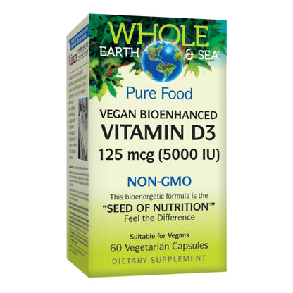 Natural Factors Whole Earth & Sea Vitamin D3 5,000 IU (125 mcg) – Vegan Bioenhanced, 60 Capsules