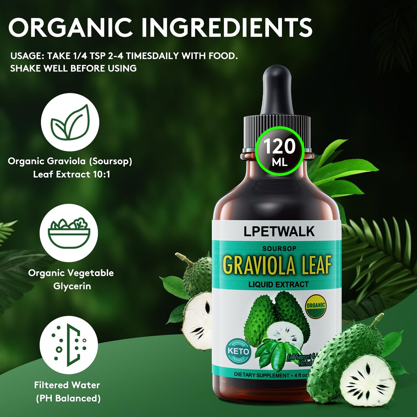 4 Fl Oz Soursop Graviola Leaf Extract Liquid Drops – Organic Guanabana Leaves, 120ml Big Capacity