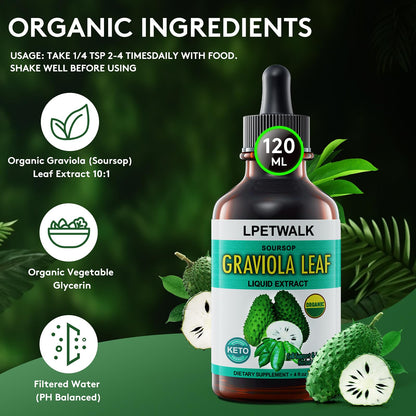 4 Fl Oz Soursop Graviola Leaf Extract Liquid Drops – Organic Guanabana Leaves, 120ml Big Capacity