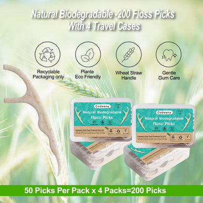 Wheat Straw Biodegradable Dental Floss Picks - 200 Count with 4 Travel Cases | Eco-Friendly Oral Care